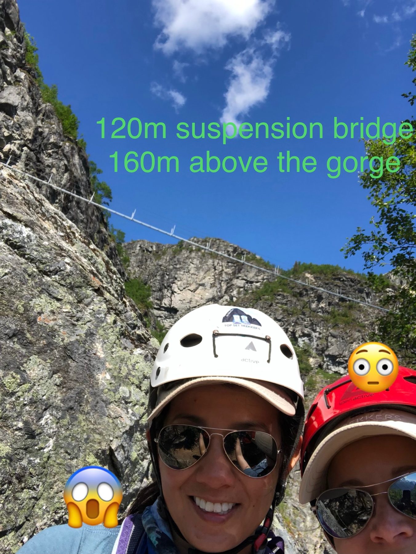Norway - Next up: a suspension bridge high above the gorge. And more excitement! A repair crew was working on it, yelling instructions to us in Norwegian as we crossed. Norway - Next up: a suspension bridge high above the gorge. And more excitement! A repair crew was working on it, yelling instructions to us in Norwegian as we crossed.