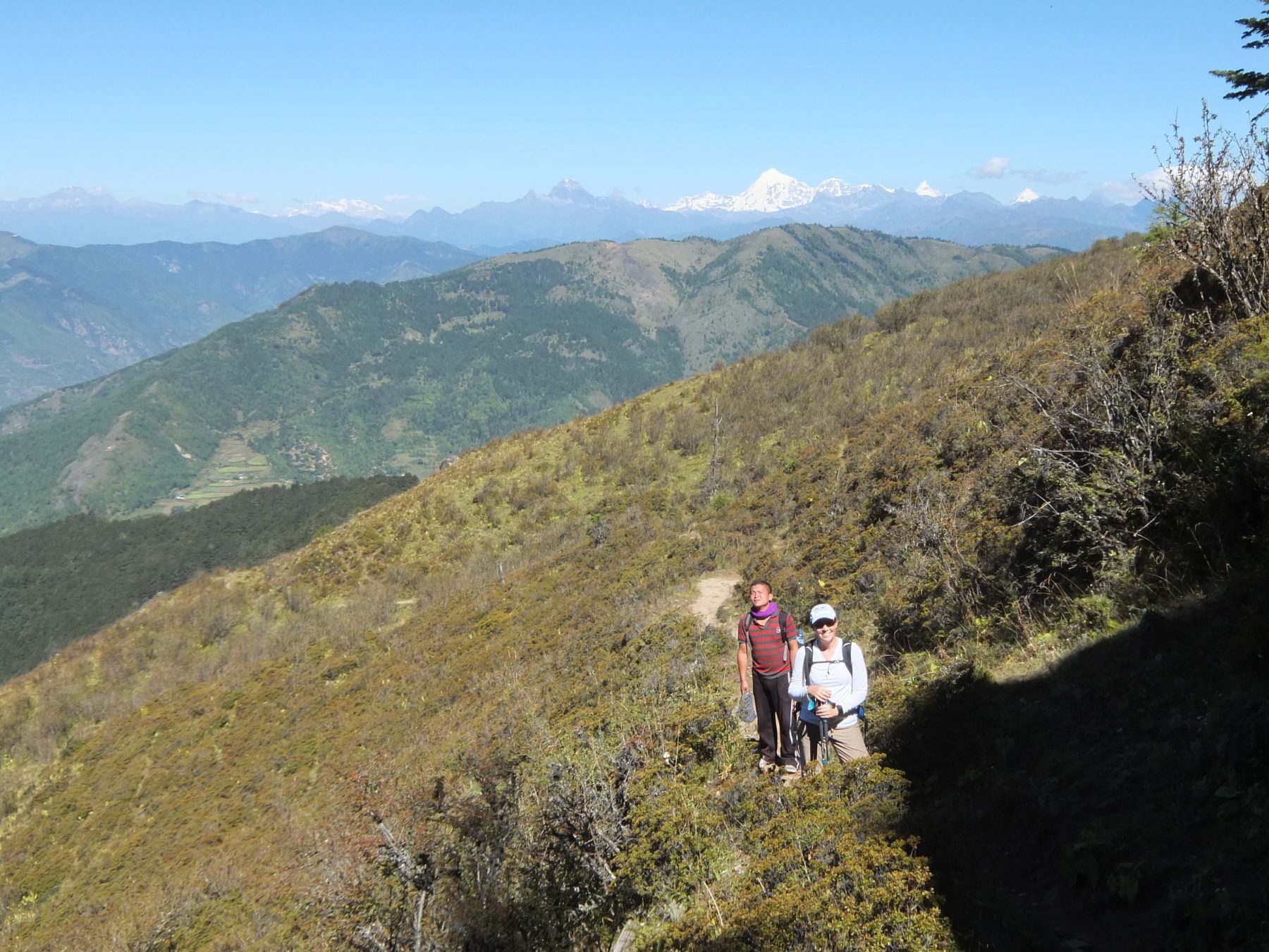 Bhutan Dagala Trek - The Kanchenjunga range was our backdrop as we hiked from Gur to Labatama on Day 2 of our trek. Stacey and our guide look for Blue Poppies, the national flower of Bhutan. Bhutan Dagala Trek - The Kanchenjunga range was our backdrop as we hiked from Gur to Labatama on Day 2 of our trek. Stacey and our guide look for Blue Poppies, the national flower of Bhutan.