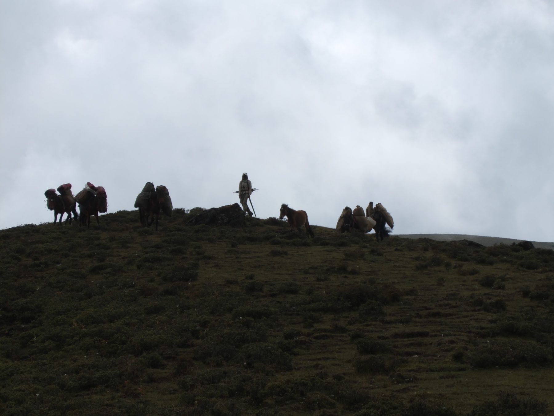 Bhutan Dagala Trek - The clouds are gaining on us as we make our way across the final mountain pass. Bhutan Dagala Trek - The clouds are gaining on us as we make our way across the final mountain pass.