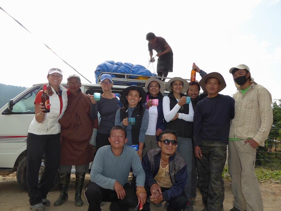 Bhutan Dagala Trek - End of trek celebration with all of our guides! Our cook’s helper guide injured himself with his giant machete on the first day and walked ten miles, bleeding, to the hospital so we were relieved to see him again. And would you believe that minutes after this photo was taken, as we pulled under the cover of the hotel carport, the clouds opened up and it started to pour? It seems that Dagala, the mountain goddess who reigns over the lakes, was taking care of us on the mountain. And we are forever grateful and acknowledge her on every hike. Bhutan Dagala Trek - End of trek celebration with all of our guides! Our cook’s helper guide injured himself with his giant machete on the first day and walked ten miles, bleeding, to the hospital so we were relieved to see him again. And would you believe that minutes after this photo was taken, as we pulled under the cover of the hotel carport, the clouds opened up and it started to pour? It seems that Dagala, the mountain goddess who reigns over the lakes, was taking care of us on the mountain. And we are forever grateful and acknowledge her on every hike.