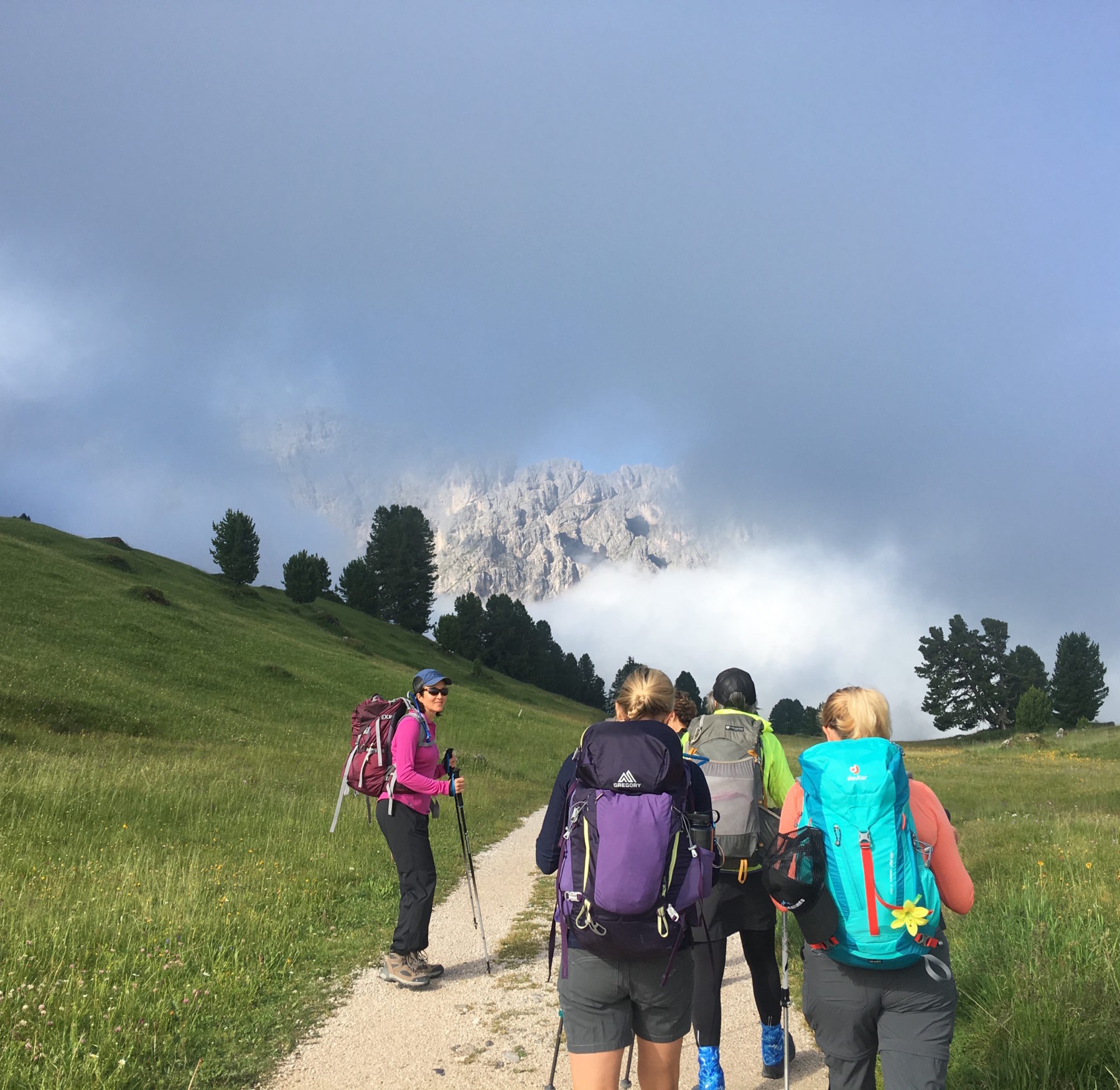 Dolomites, Italy - Hiking into the unknown with our fearless group, along Sass Pütia. Dolomites, Italy - Hiking into the unknown with our fearless group, along Sass Pütia.