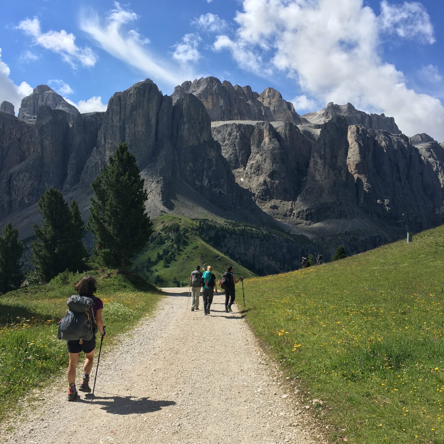 Dolomites, Italy - Badia is a popular resort, accessible by car. We started to see families and groups of day hikers. Dolomites, Italy - Badia is a popular resort, accessible by car. We started to see families and groups of day hikers.