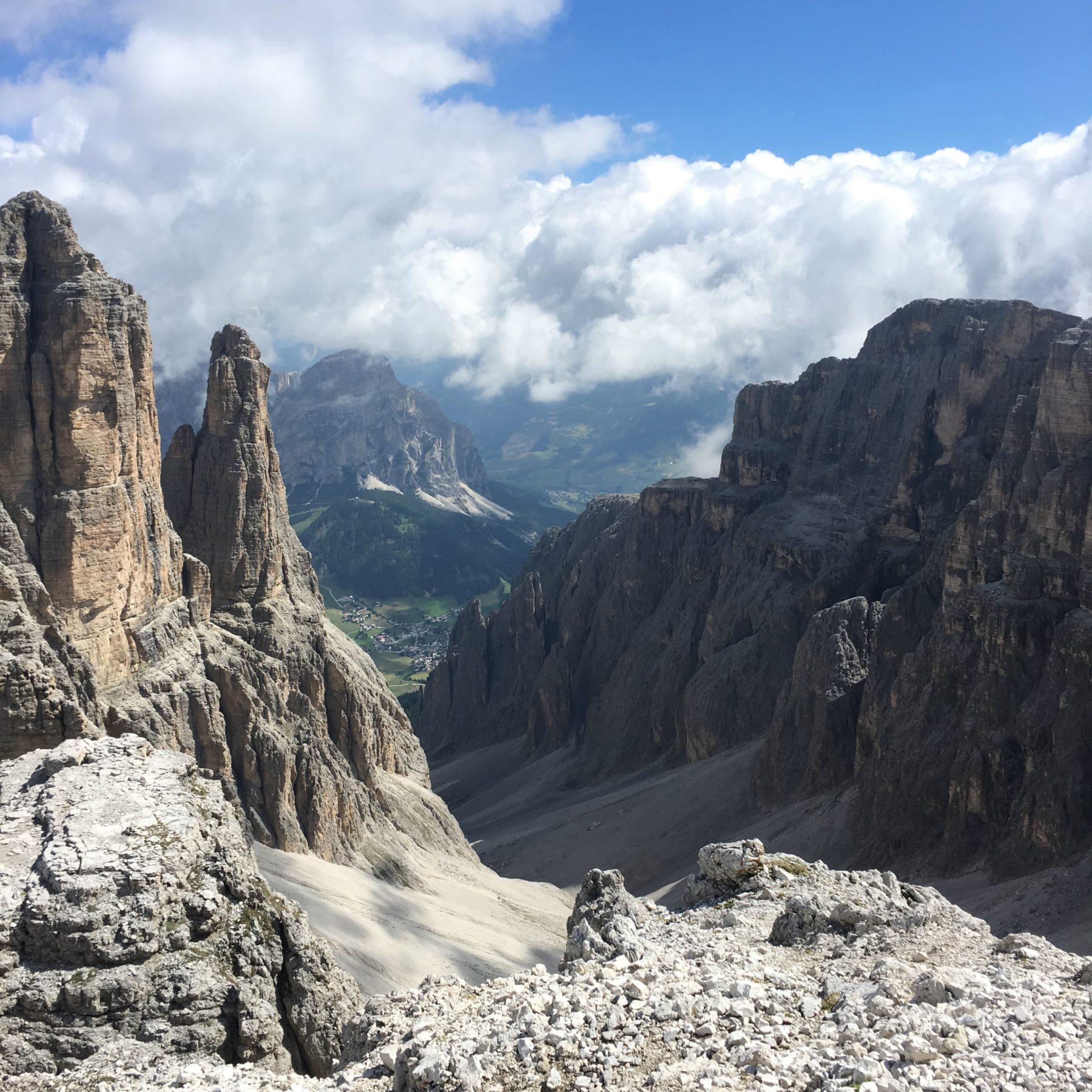 Dolomites, Italy - After we had hiked the first section we could look back and see Corvara again, far below. Dolomites, Italy - After we had hiked the first section we could look back and see Corvara again, far below.
