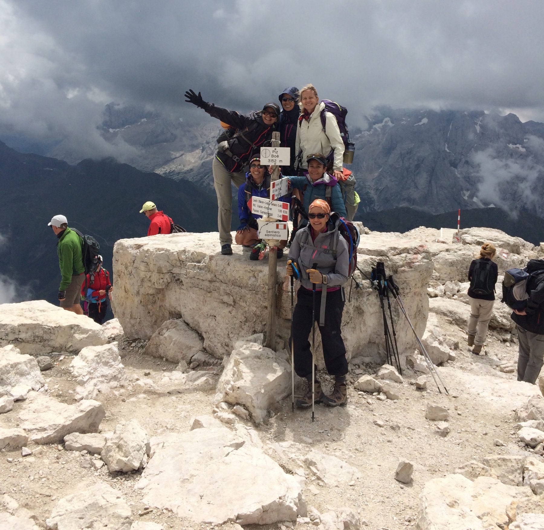 Dolomites, Italy - The Piz Boè summit was for us a two and a half day hike, and the highest elevation on this trek. From the other side there is a lift from town that takes you nearly to the top, so it is sometimes busy. Dolomites, Italy - The Piz Boè summit was for us a two and a half day hike, and the highest elevation on this trek. From the other side there is a lift from town that takes you nearly to the top, so it is sometimes busy.