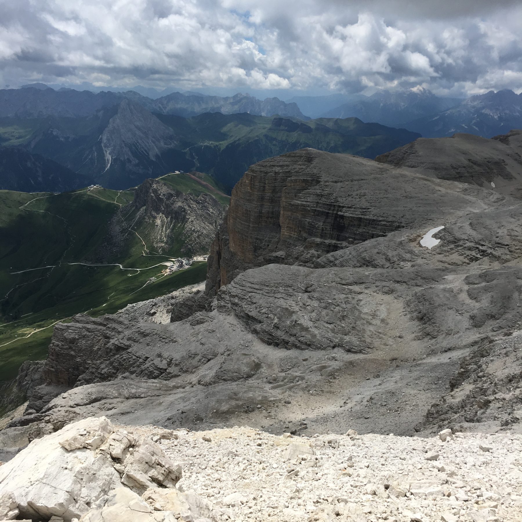 Dolomites, Italy - A view to the south as we descended Piz Boè, and a preview of our trail for a few days hence. Dolomites, Italy - A view to the south as we descended Piz Boè, and a preview of our trail for a few days hence.