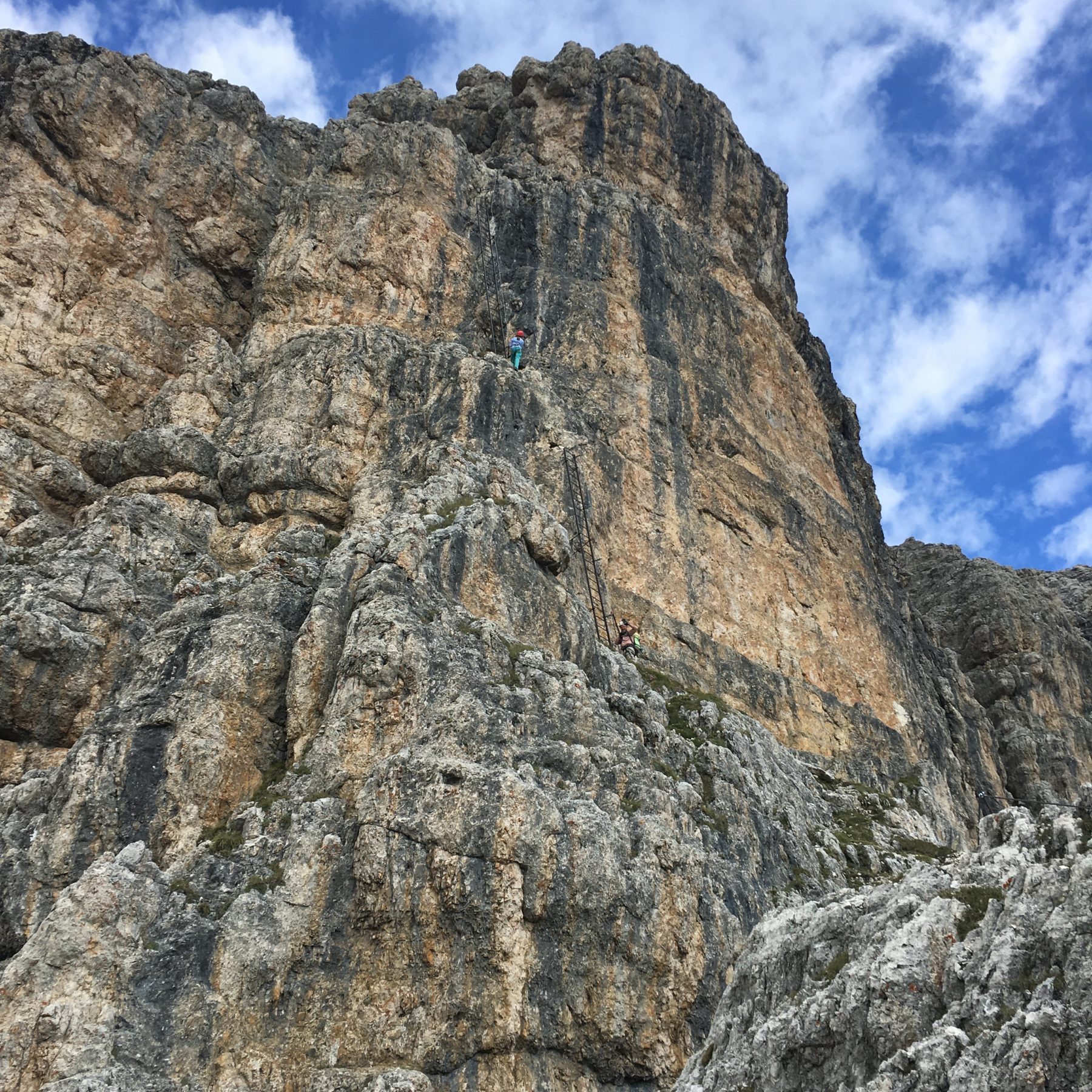 Dolomites, Italy - Two iron ladders help climbers scale the steepest sections of Via Ferrata Piz da Lech.