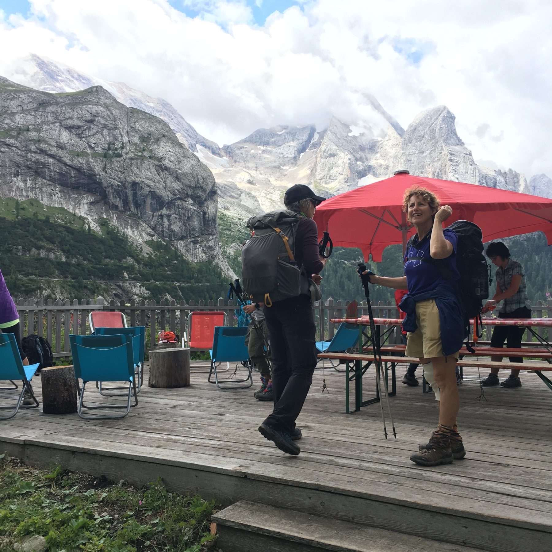 Dolomites, Italy - Col de Cuk is a popular stop for hikers and cyclists. A very welcoming restaurant with excellent pizza, an amazing terrace with deckchairs and views of the Marmolada. Dolomites, Italy - Col de Cuk is a popular stop for hikers and cyclists. A very welcoming restaurant with excellent pizza, an amazing terrace with deckchairs and views of the Marmolada.