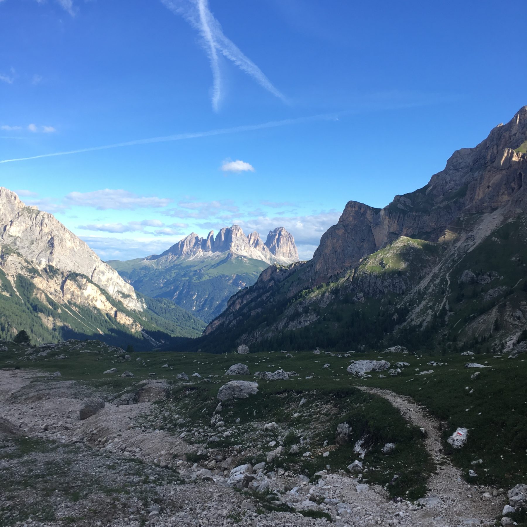 Dolomites, Italy - A look back towards Passo Sella and Piz Boé. Dolomites, Italy - A look back towards Passo Sella and Piz Boé.