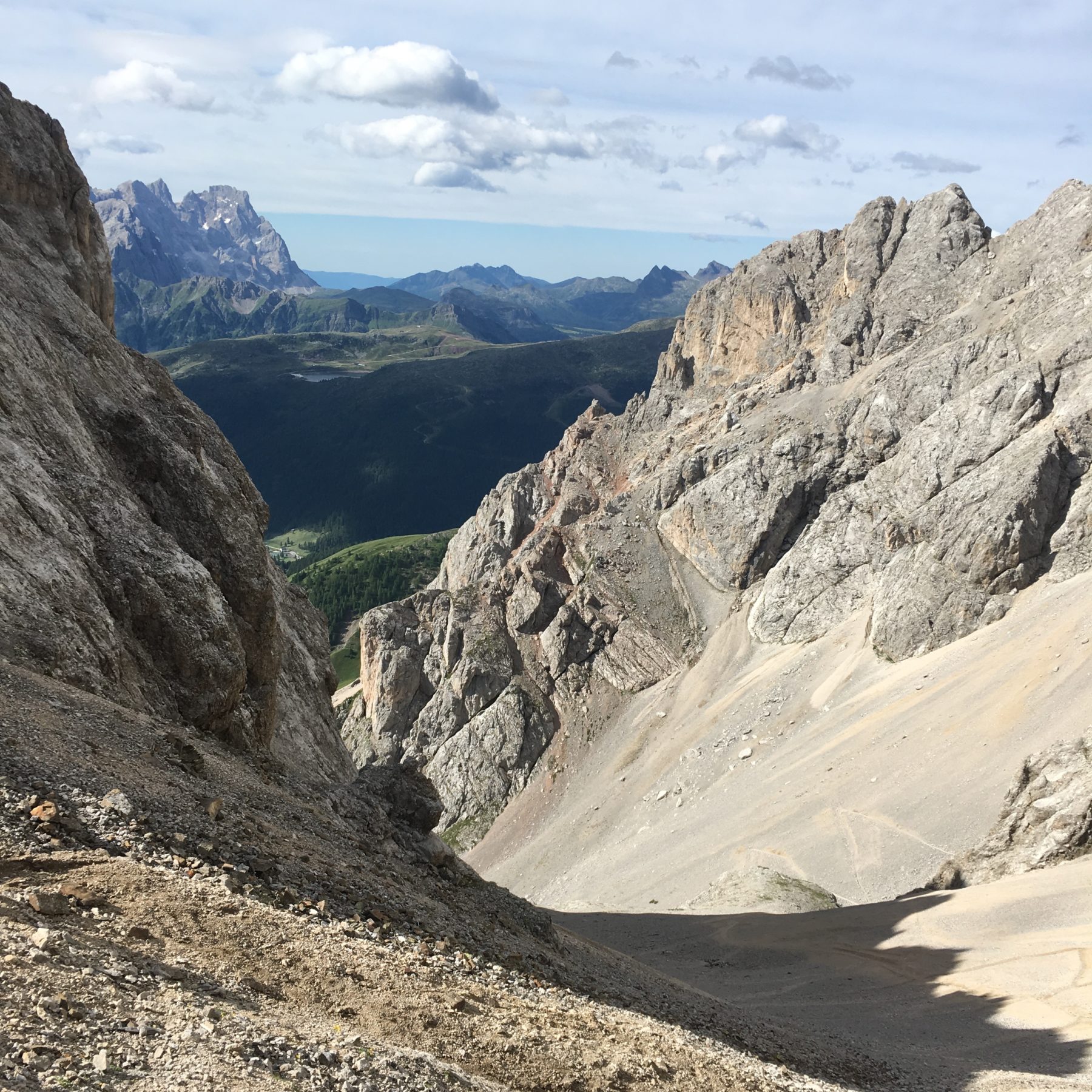 Dolomites, Italy - Ah yes…the scree field! This time we are headed down, so we will skate our way to the bottom. Dolomites, Italy - Ah yes…the scree field! This time we are headed down, so we will skate our way to the bottom.