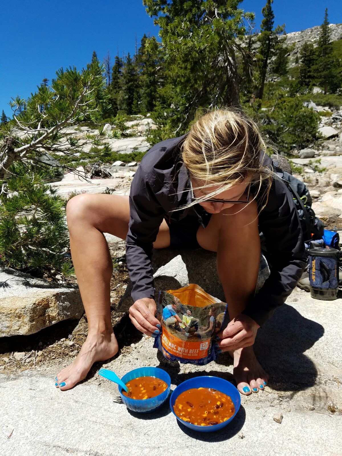 Desolation Wilderness California - We weren’t particularly hungry 90 minutes away from the trailhead parking lot, but, determined to eat all of the food we had carried in, we fired up the JetBoil once more. Desolation Wilderness California - We weren’t particularly hungry 90 minutes away from the trailhead parking lot, but, determined to eat all of the food we had carried in, we fired up the JetBoil once more.