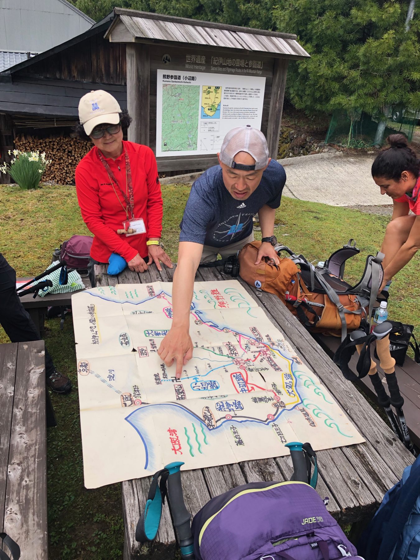Kumano Kodo, Japan - There are five main routes to the Kumano Kodo, a network of trails in the Kii mountains connecting the sacred spiritual sites of ancient Japan. We hiked the Kohechi (Mountainous) Route and the second half of the Nakahechi (Imperial) Route. .Hiro shows us our route. Temples in Japan are denoted by the ancient Sanskrit symbol, manji. Because it is sometimes confused with a swastika the country is considering changing this on maps for foreigners in advance of the 2020 olympic games. Kumano Kodo, Japan - There are five main routes to the Kumano Kodo, a network of trails in the Kii mountains connecting the sacred spiritual sites of ancient Japan. We hiked the Kohechi (Mountainous) Route and the second half of the Nakahechi (Imperial) Route. .Hiro shows us our route. Temples in Japan are denoted by the ancient Sanskrit symbol, manji. Because it is sometimes confused with a swastika the country is considering changing this on maps for foreigners in advance of the 2020 olympic games.